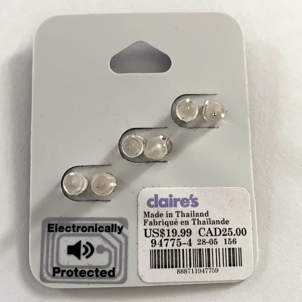 Claire’s set of (3) sterling‎ silver of earrings, NWT, Original Sealed Packaging